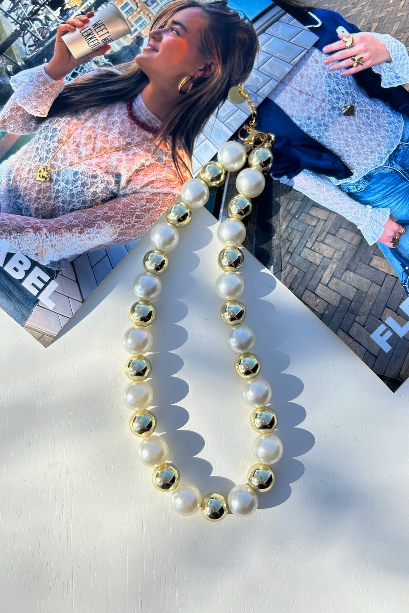 Parel ketting wit + goud